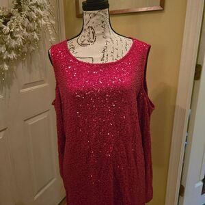 HOLIDAY RED SEQUIN OPEN SHOULDER DRESSY TUNIC